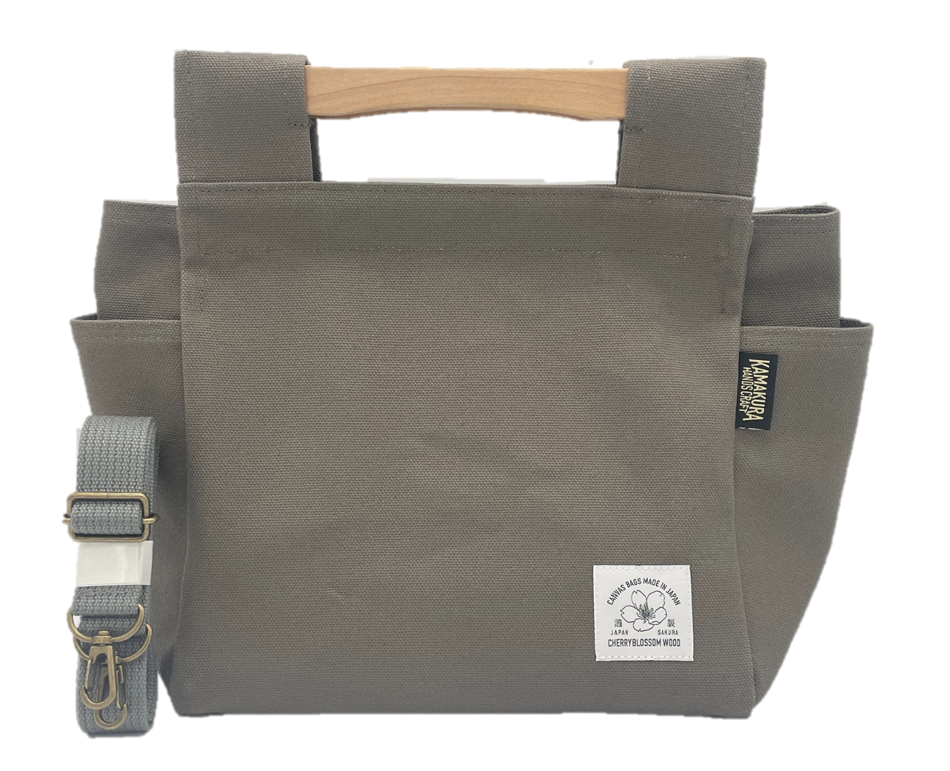 桜岡持ち帆布１号バッグ 天然木材 桜の木 鞄 グレー
