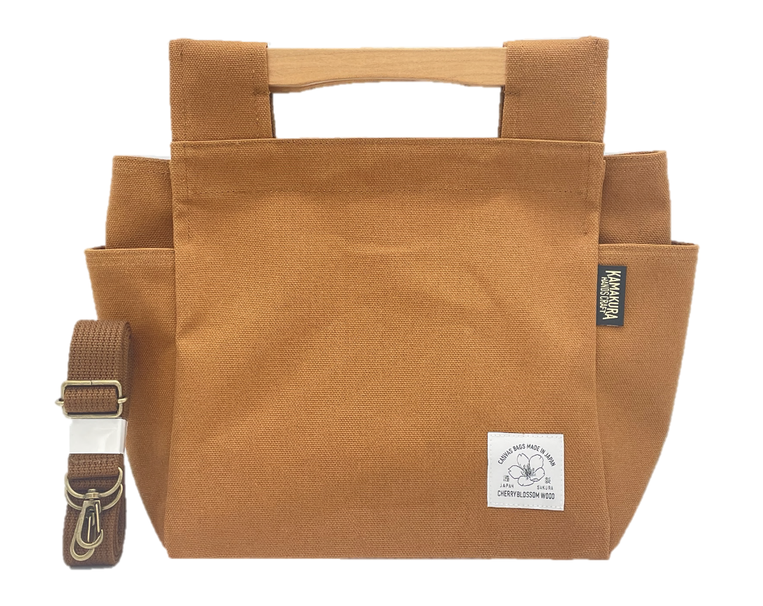 桜岡持ち帆布１号バッグ 天然木材 桜の木 鞄 ブラウン