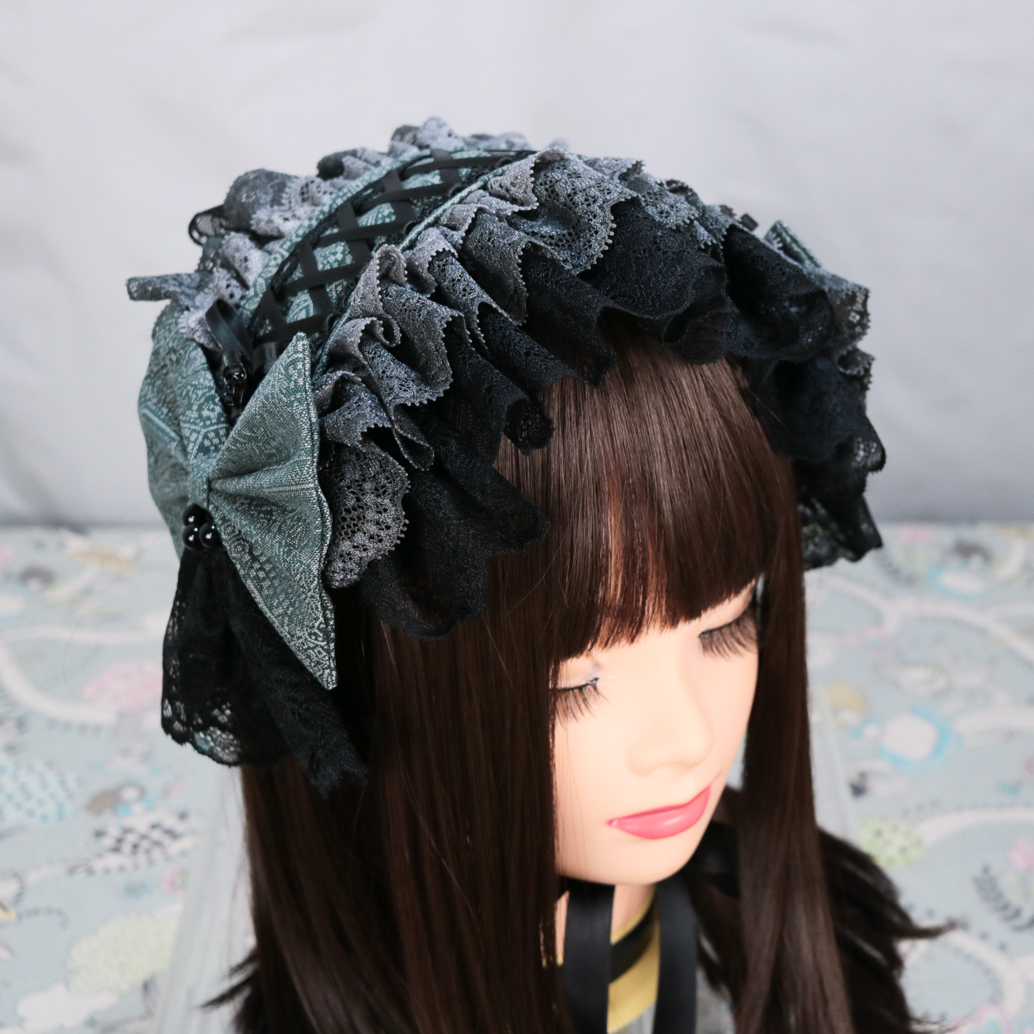 グレーブラック　ヘッドドレス　編上　ヘッドドレス　ロリータ　ロリィタ　クラロリ　成人式　卒業式