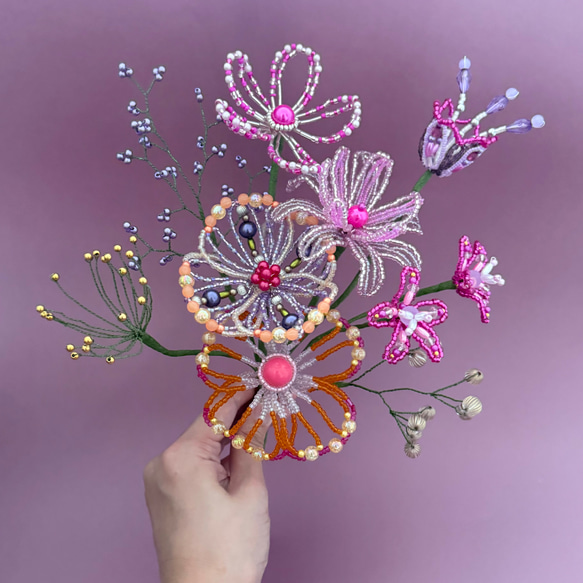 ビーズフラワー　ブーケ（ピンク／パープル／オレンジ） 11枚目の画像