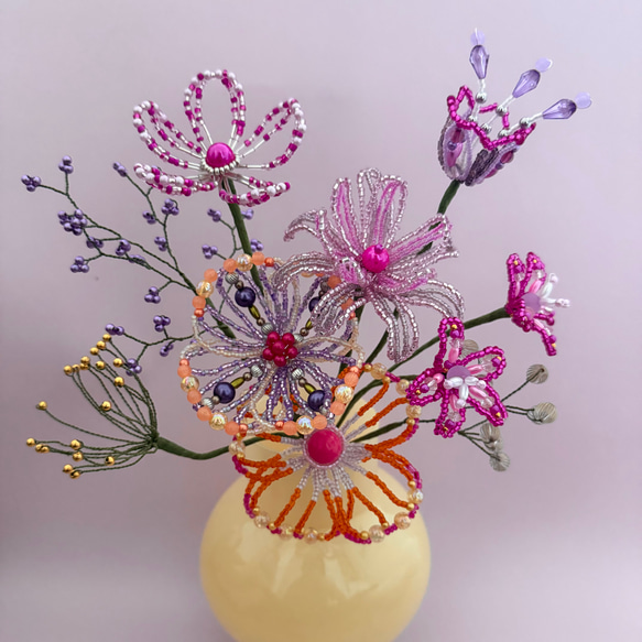 ビーズフラワー　ブーケ（ピンク／パープル／オレンジ） 8枚目の画像