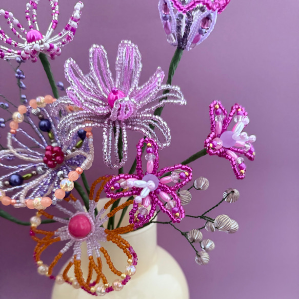 ビーズフラワー　ブーケ（ピンク／パープル／オレンジ） 5枚目の画像