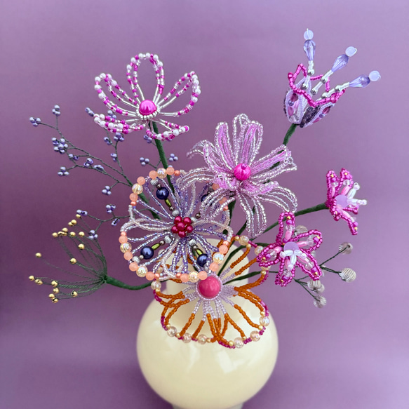 ビーズフラワー　ブーケ（ピンク／パープル／オレンジ） 2枚目の画像