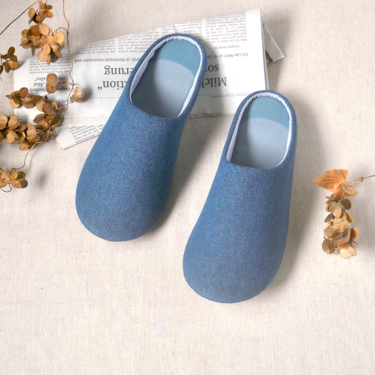 デニムDAY　ブルー／しっかりした作りの上質コットン100％やわらかデニムのルームシューズ（スリッパ）