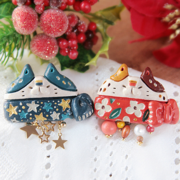 猫のブローチ　冬の猫マフラー※単品 1枚目の画像