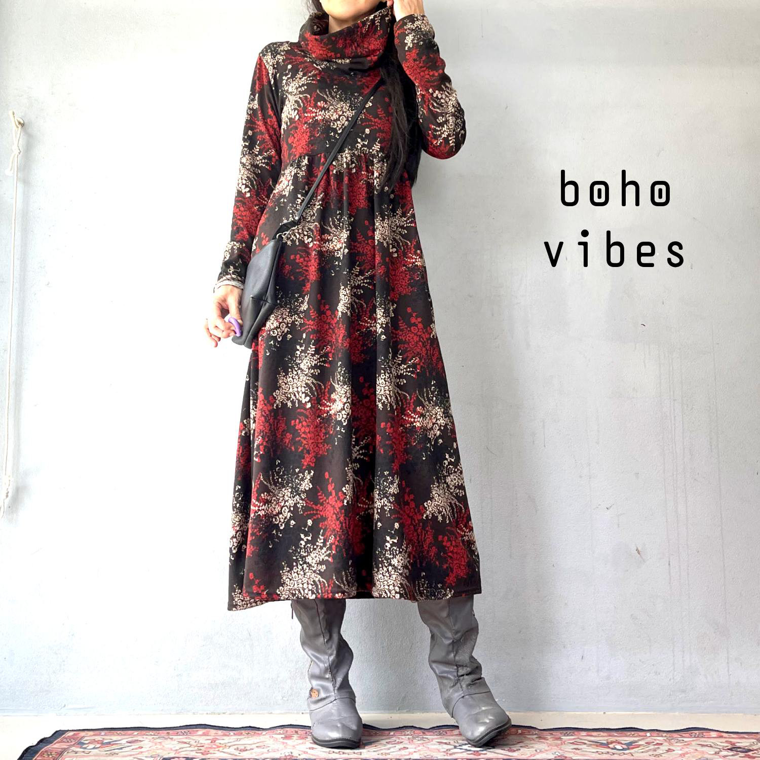 ３色花柄プリント▽ハイネック▽ボヘミアンワンピース