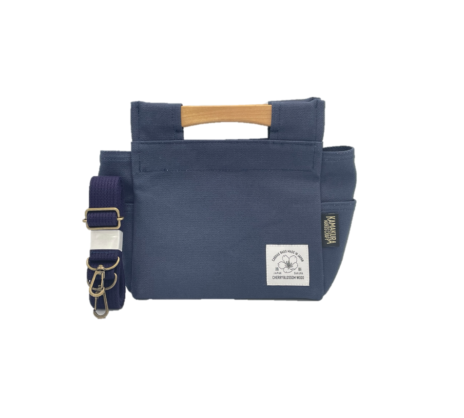 桜岡持ち帆布ミニバッグ 天然木材 桜の木 鞄 ネイビー