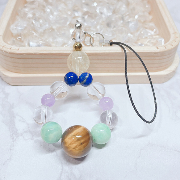 ✦前向きに進む力を象徴する 天然石ストラップ｜タイガーアイ・シトリン・ラピスラズリ・アマゾナイト No.743S