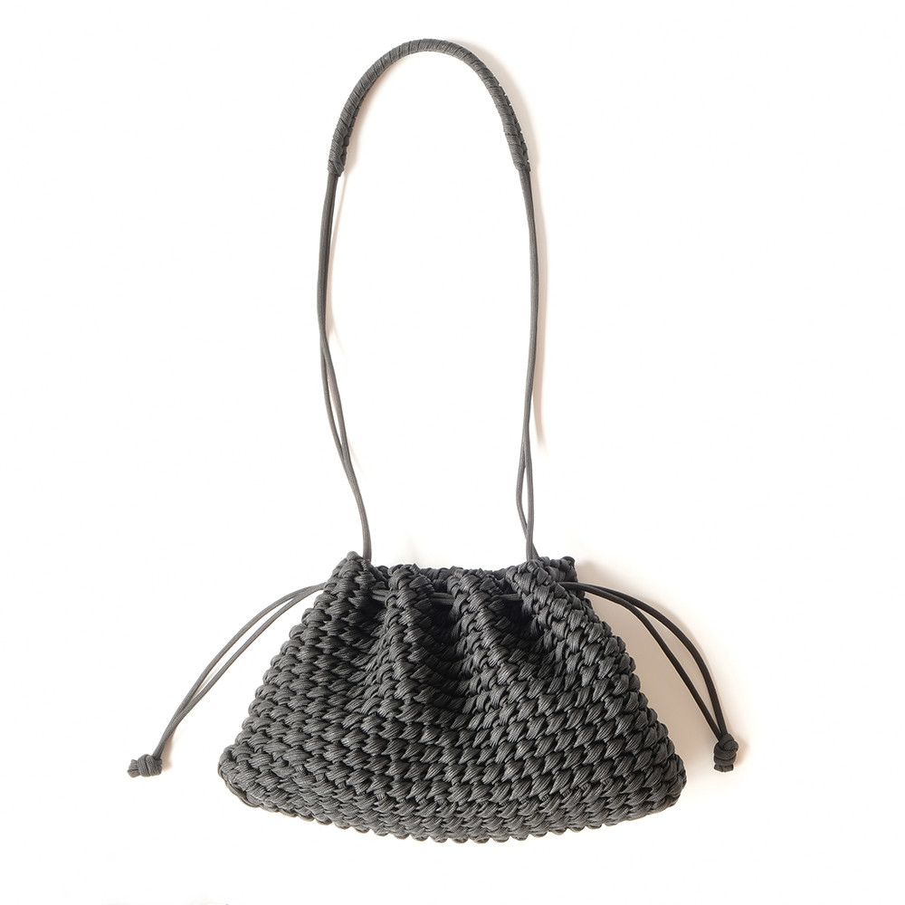 京都発　作家オリジナル 手編み パラコード 肩掛け巾着バッグ 耐水 ブラック TwillTwill 箱付き