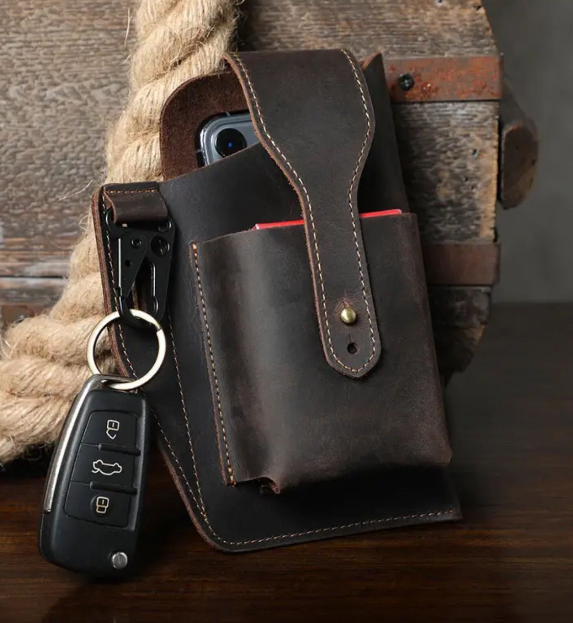 ポーチ  キーリング スマホポーチ フック 牛革 レザー ベルト通し 作業 ウエストポーチ スマートフォンポーチ メンズ