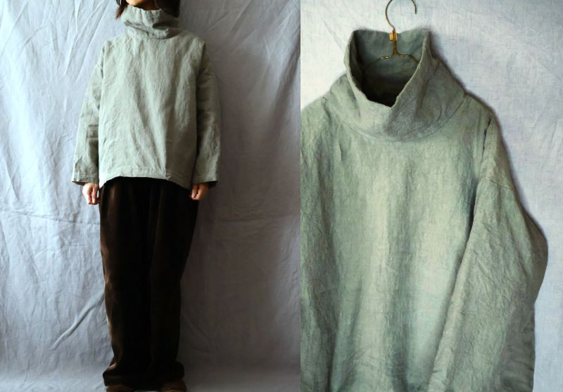 【受注制作】スレートグレー/天日干し40リネン　中綿あったかオフタートルプル(筒袖)