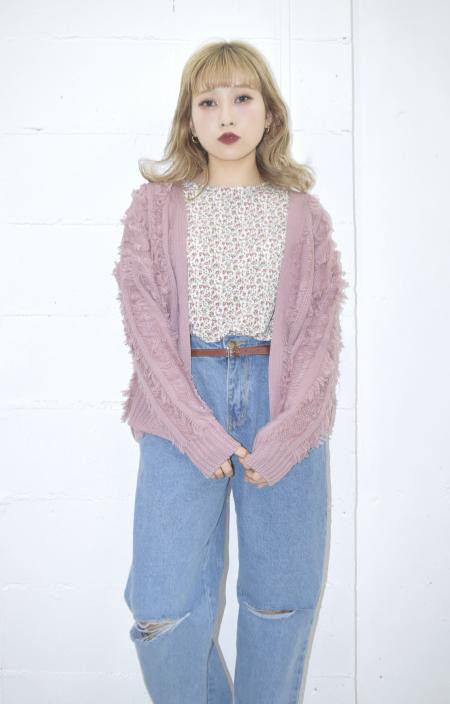 (全3色)フリンジストライプ ニットカーディガン　白　グレー　ピンク　モノトーン