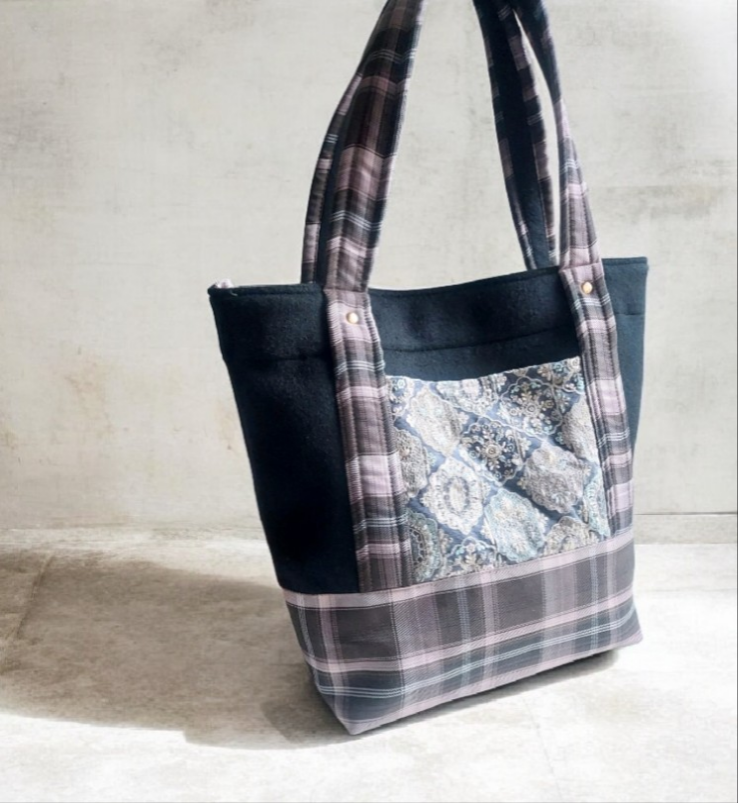 【試作品】大きめサイズ♡ウール×チェック♡内側リバティ《アレキサンダーマーブル》トートバッグ