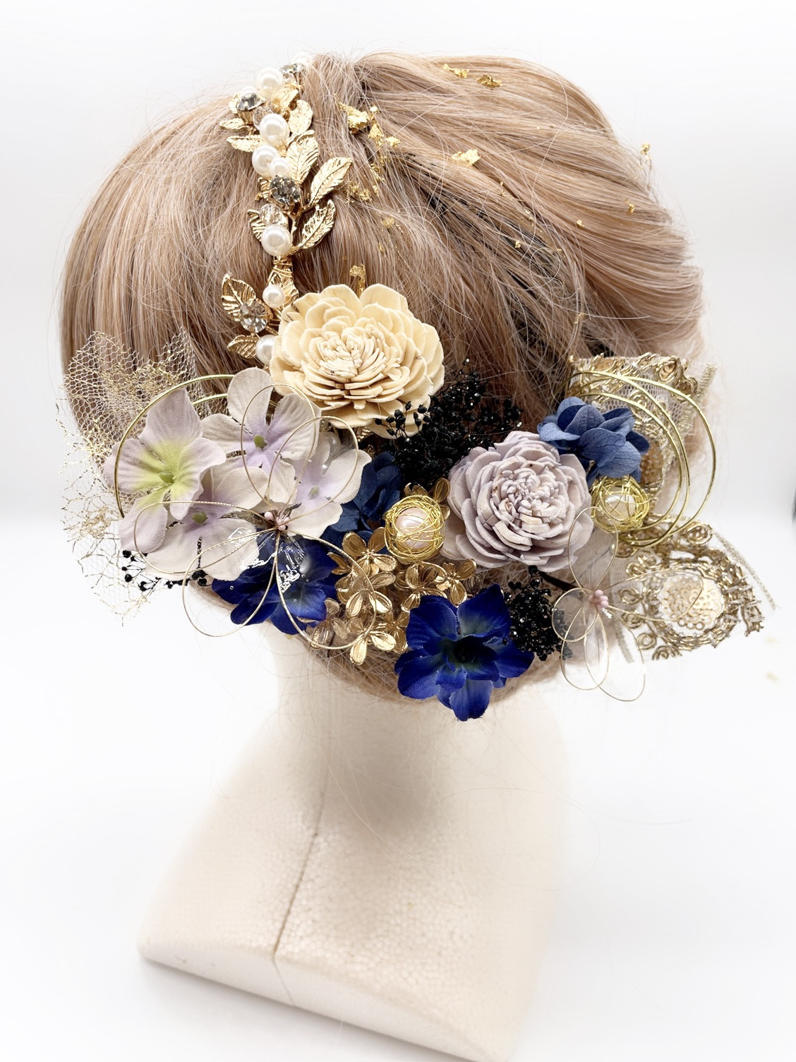 和装髪飾り　ヘッドドレス　水引×金箔×カチューシャ　ゴールド　ブラック　ブルー