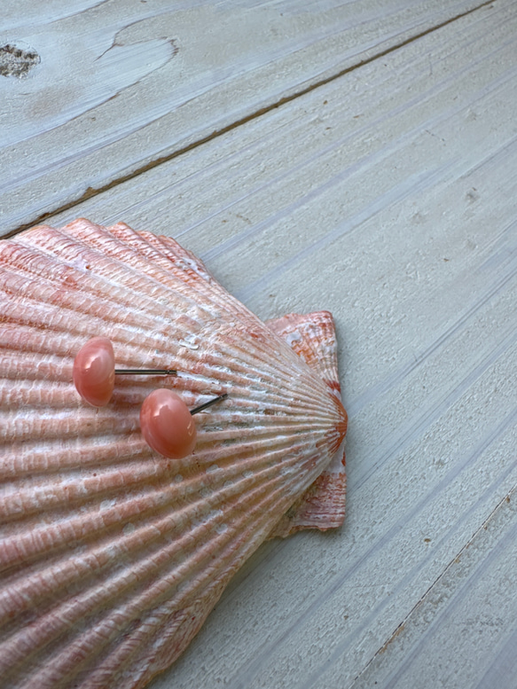 アウトレット　珊瑚　ボタン型　半円状　チタンピアス【花香】 7枚目の画像