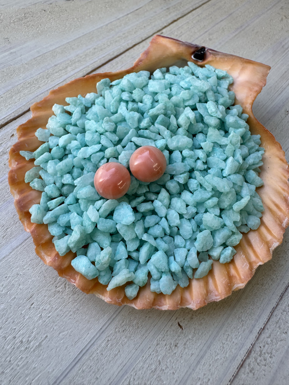 アウトレット　珊瑚　ボタン型　半円状　チタンピアス【花香】 4枚目の画像