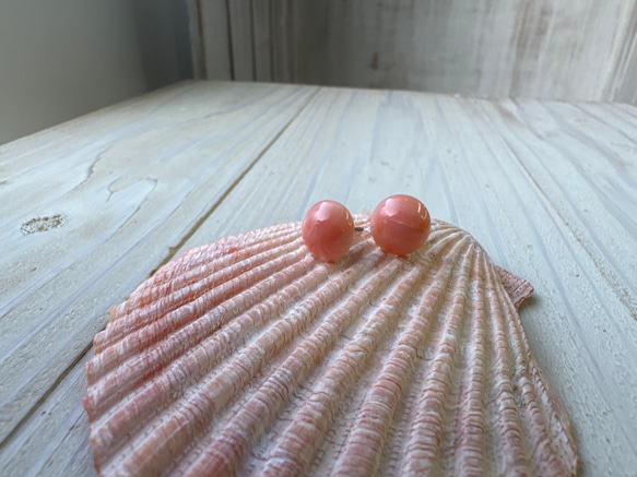 アウトレット　珊瑚　ボタン型　半円状　チタンピアス【花香】 8枚目の画像