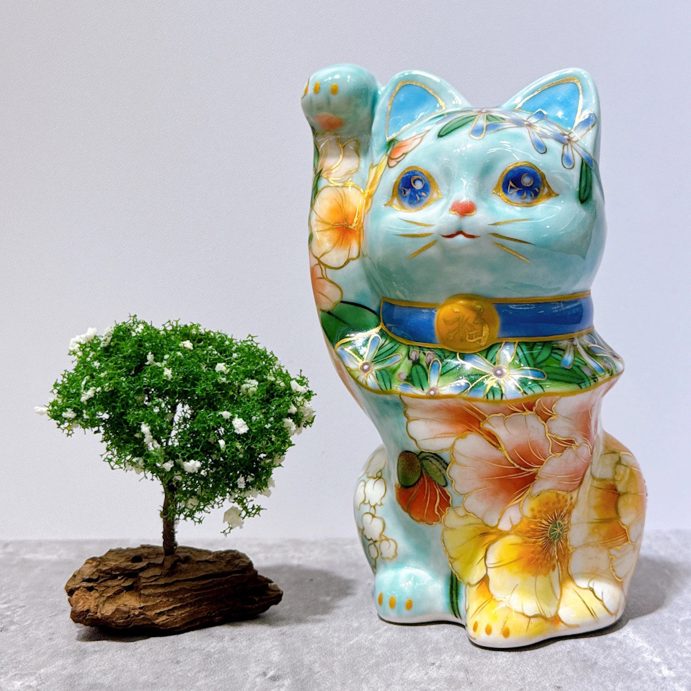 【清水焼 招き猫】彩色画、水彩画、西洋花模様