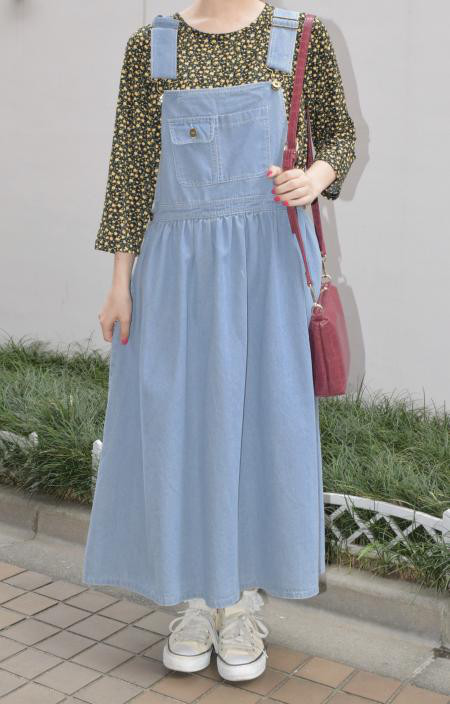 ポケットデニムオーバーオールスカート(L.BLU)　青　ストリート
