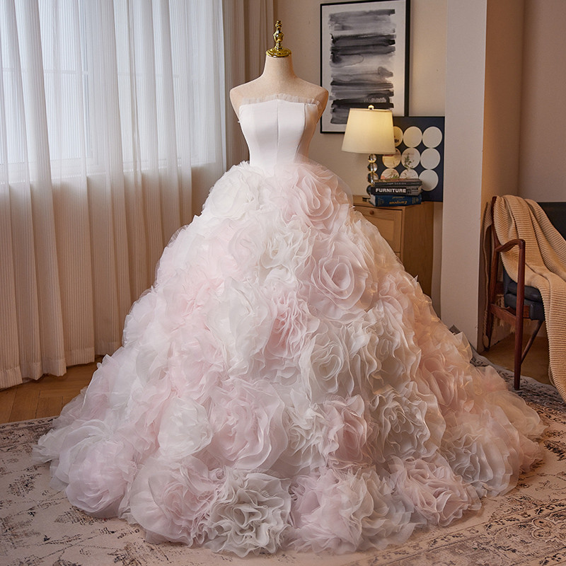 豪華 白 ふわふわ 立体花 パーティードレス ウェディングドレス 花嫁 演奏会 二次会 前撮り 披露宴 08954