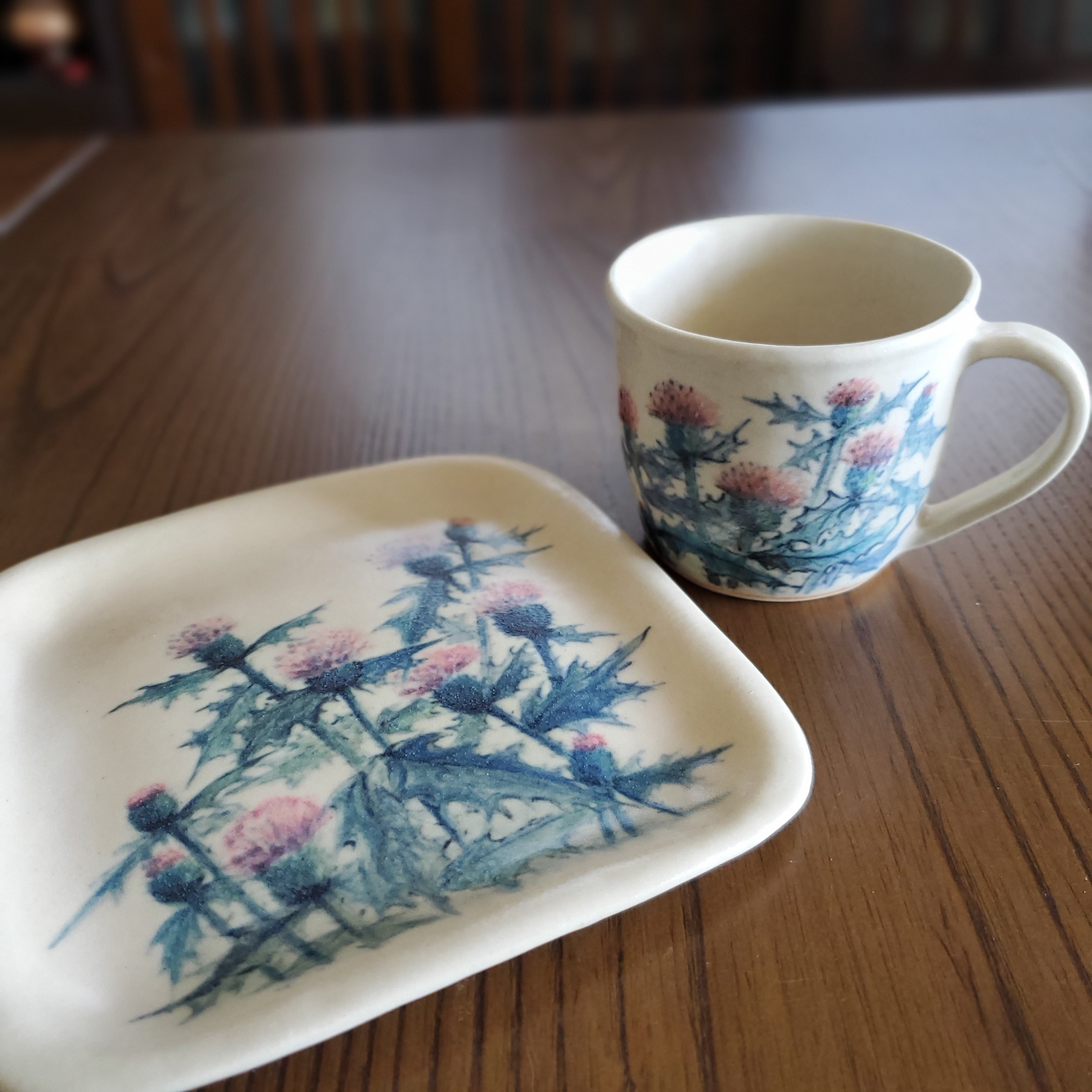 中皿　マグカップ　あざみ　セット　手描き　陶器