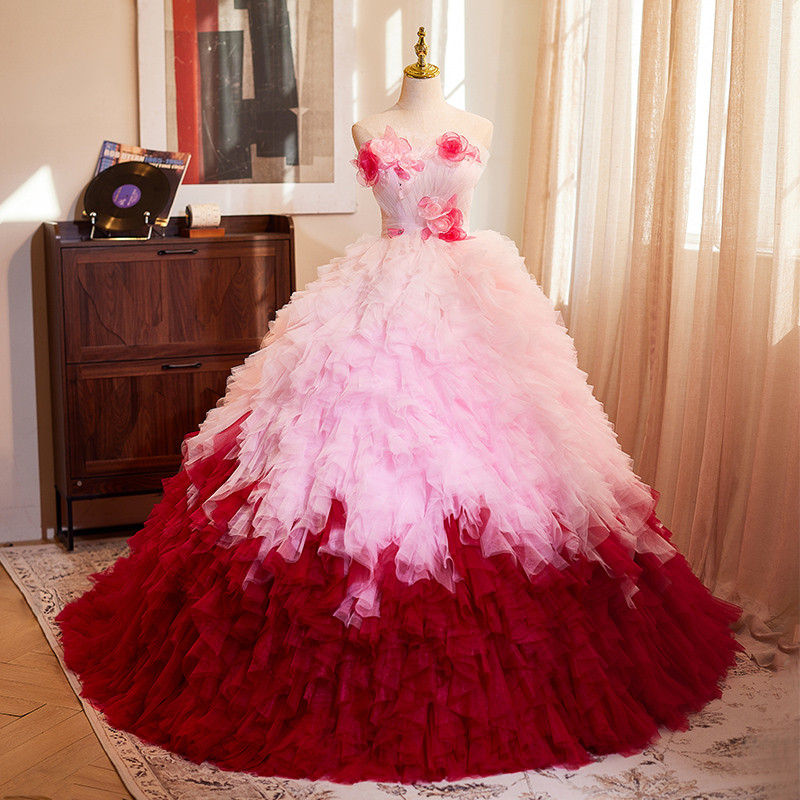 豪華 ピンク ふわふわ 立体花 パーティードレス ウェディングドレス 花嫁 演奏会 二次会 前撮り 披露宴 08949