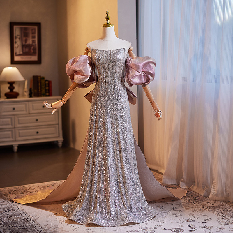 高級感 シルバー リボン スパンコール キラキラ マーメイドドレス 裾引き 演奏会 二次会 前撮り 披露宴 08952