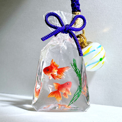 金魚すくいの金魚袋（琉金） ミニチュア ストラップ 帯飾り 携帯