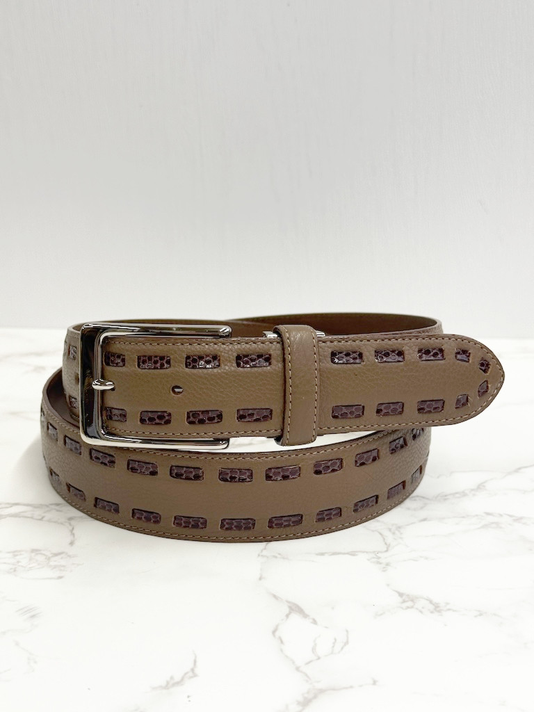 日本製　リザード　牛革　コンビ　３５㎜巾　上質　ベルト　トカゲ革　手縫い　紐通し　フリーサイズ　エキゾチックレザー