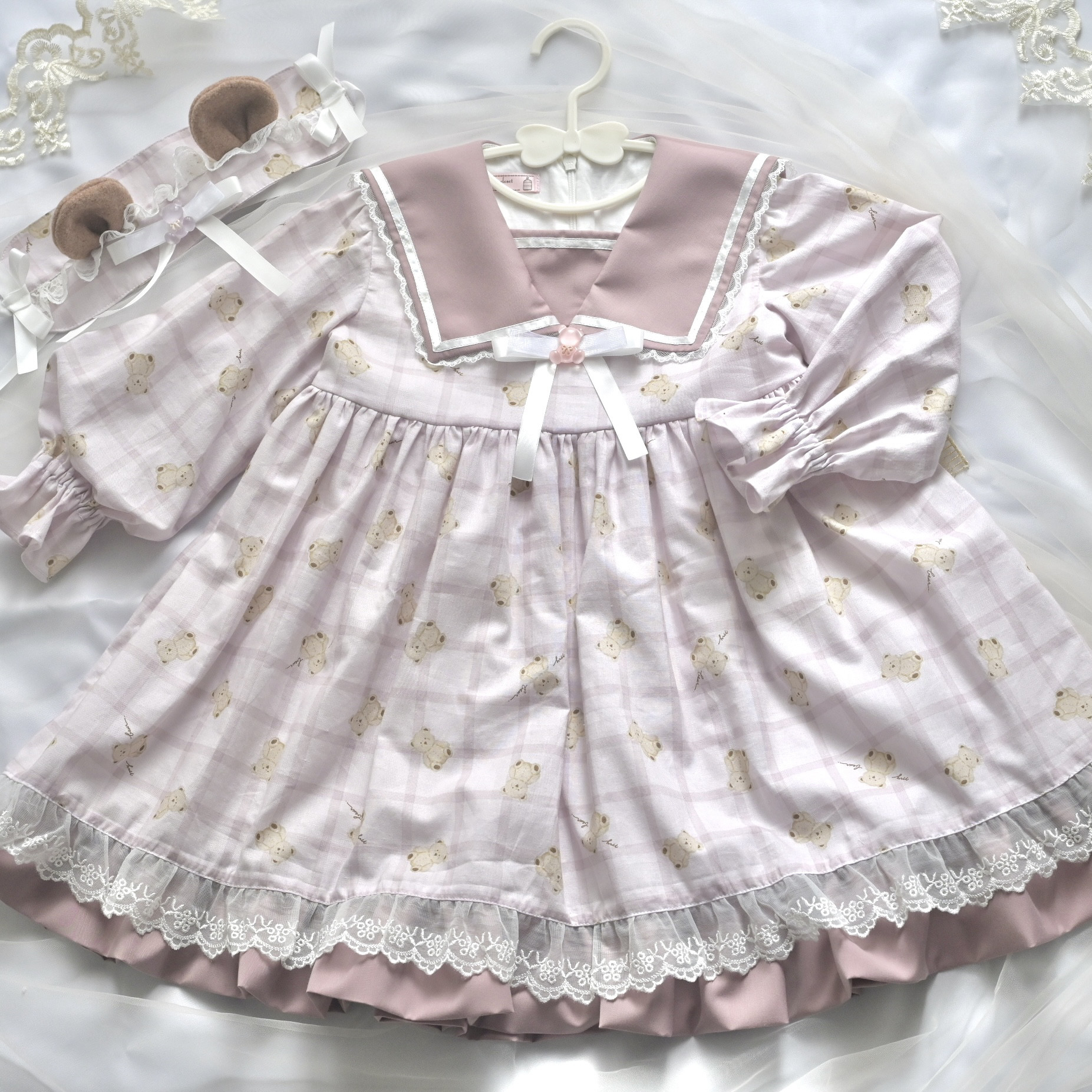 【ハイウエストセーラーワンピース(ピンク)】チェック柄/くまちゃん/子ども服/おしゃれ着/記念日/お祝い/ギフト