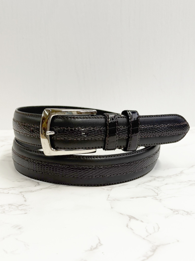 日本製　リザード　牛革　コンビ　３０㎜巾　上質　ベルト　トカゲ革　センターのせ　フリーサイズ　エキゾチックレザー