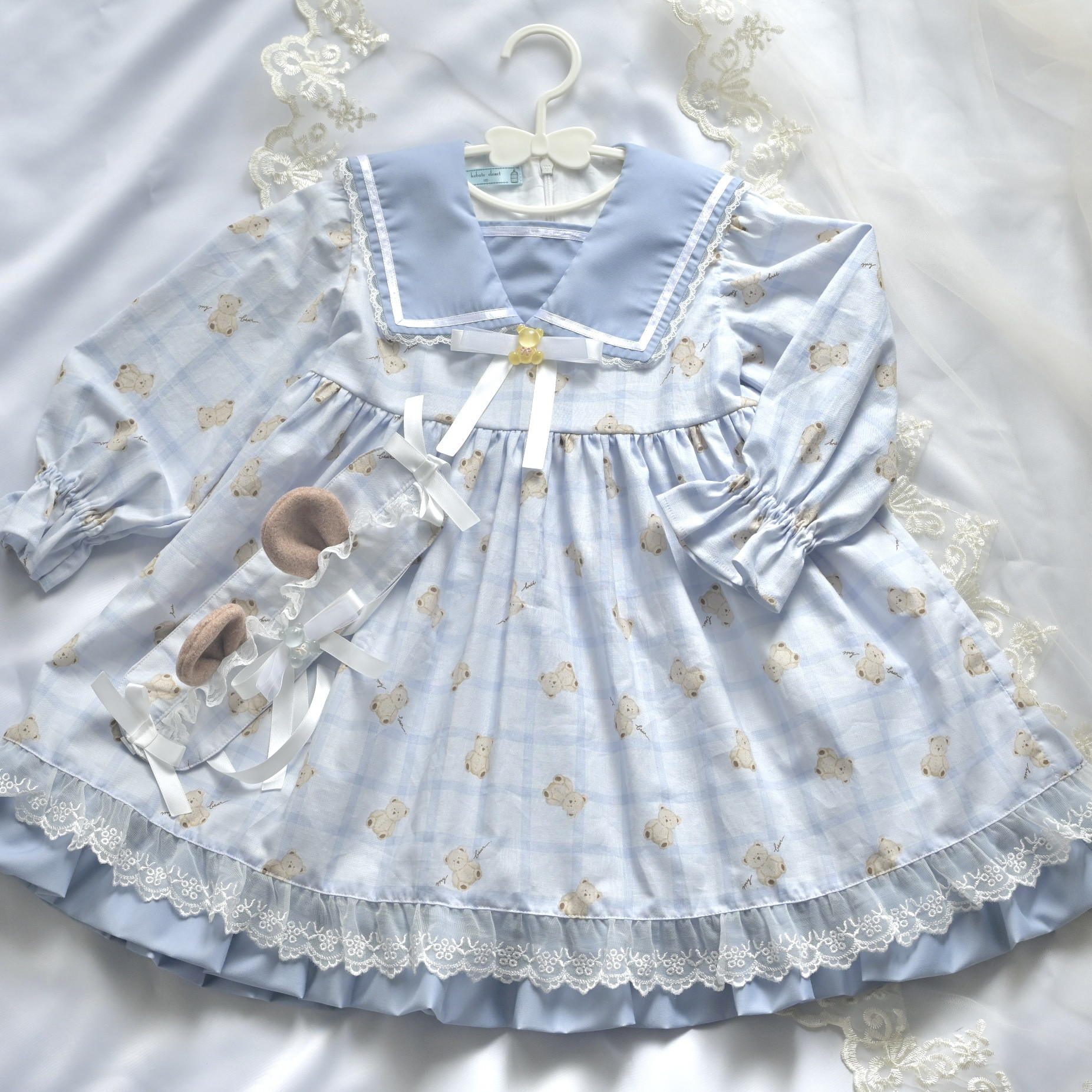 【ハイウエストセーラーワンピース(ブルー)】チェック柄/くまちゃん/子ども服/おしゃれ着/記念日/お祝い/ギフト