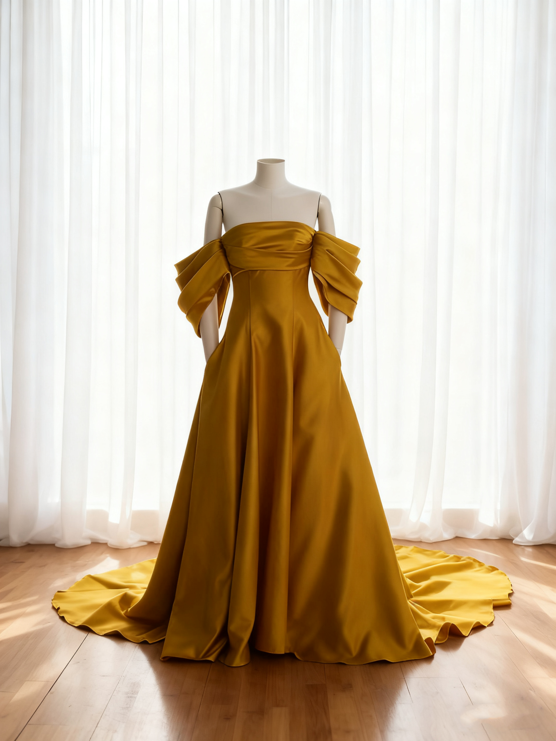 送料無料！カラードレス フリル袖 イエロー 細見えシルエット Aライン 前撮り 二次会 アンティーク色