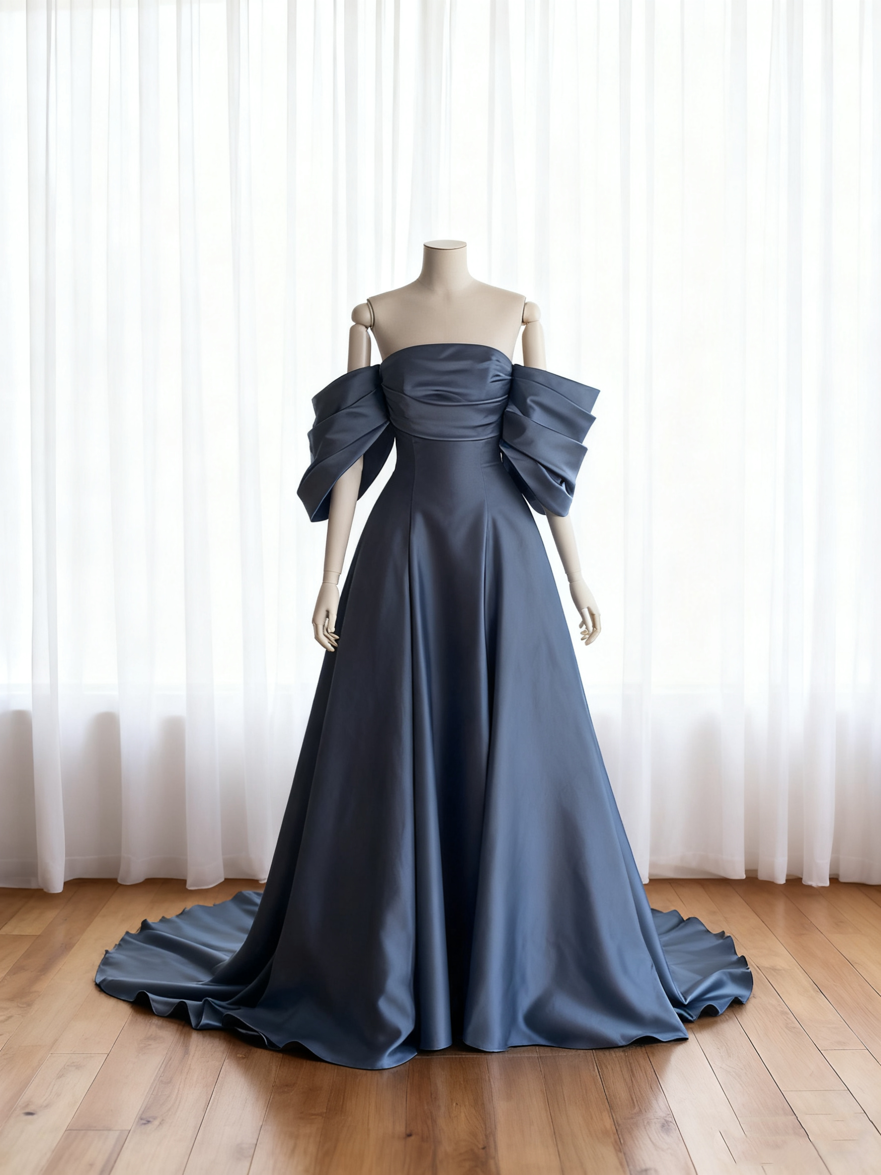 送料無料！カラードレス フリル袖 ネイビー 細見えシルエット Aライン 前撮り 二次会 アンティーク色