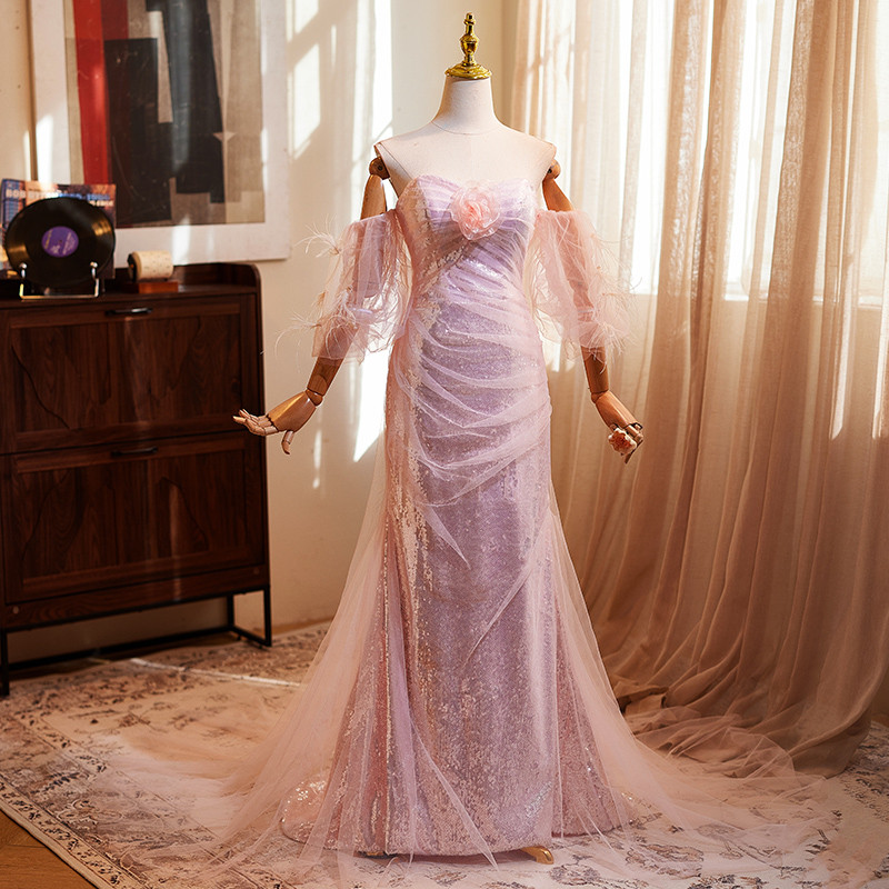 綺麗 ピンク スパンコール キラキラ マーメイドドレス 裾引き 演奏会 二次会 前撮り 披露宴 08947