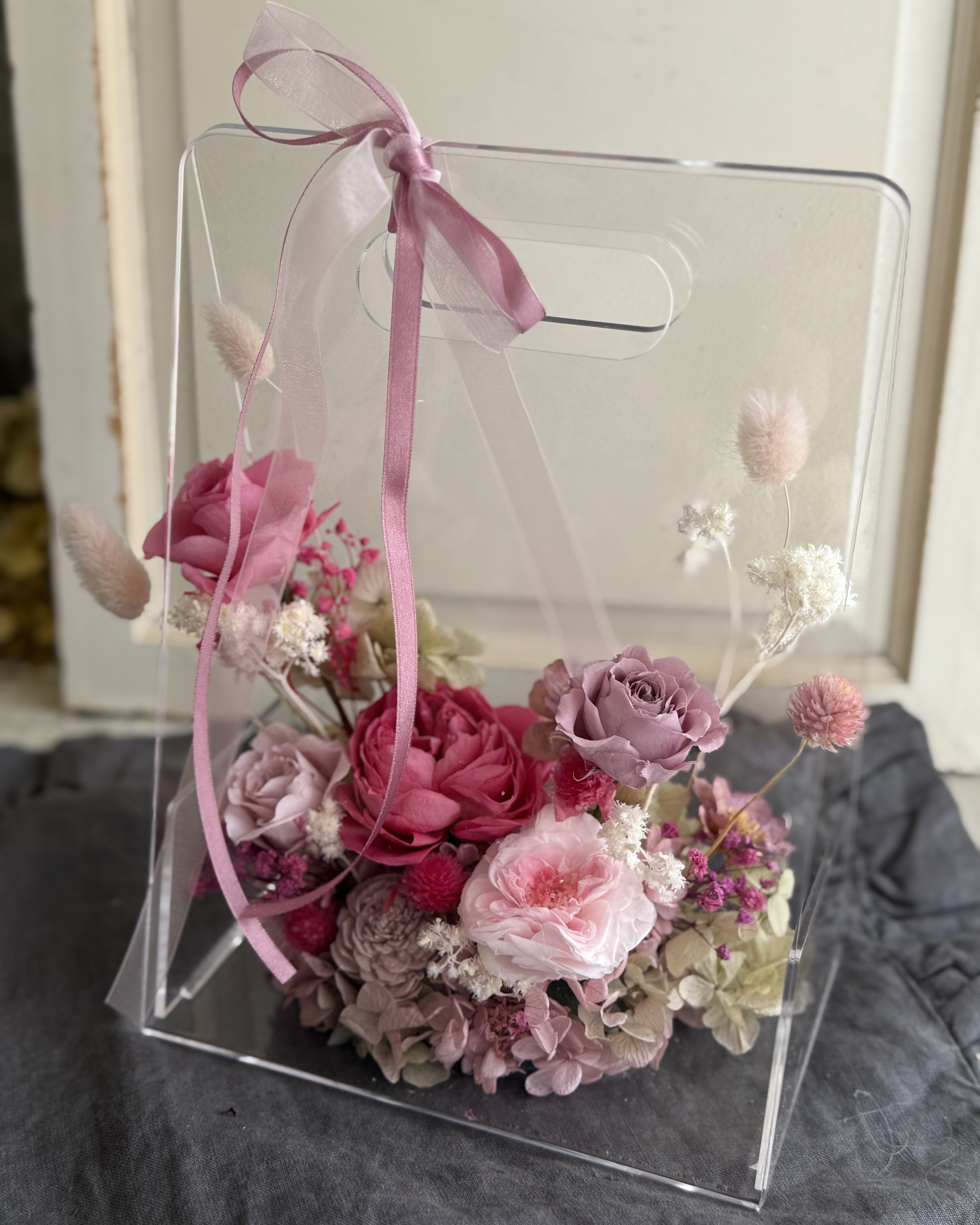 クリアフラワーバッグ　プリザーブドフラワー　贈り物　インテリア　枯れない花　可愛い　贈り物　誕生日　結婚祝い　新築祝い