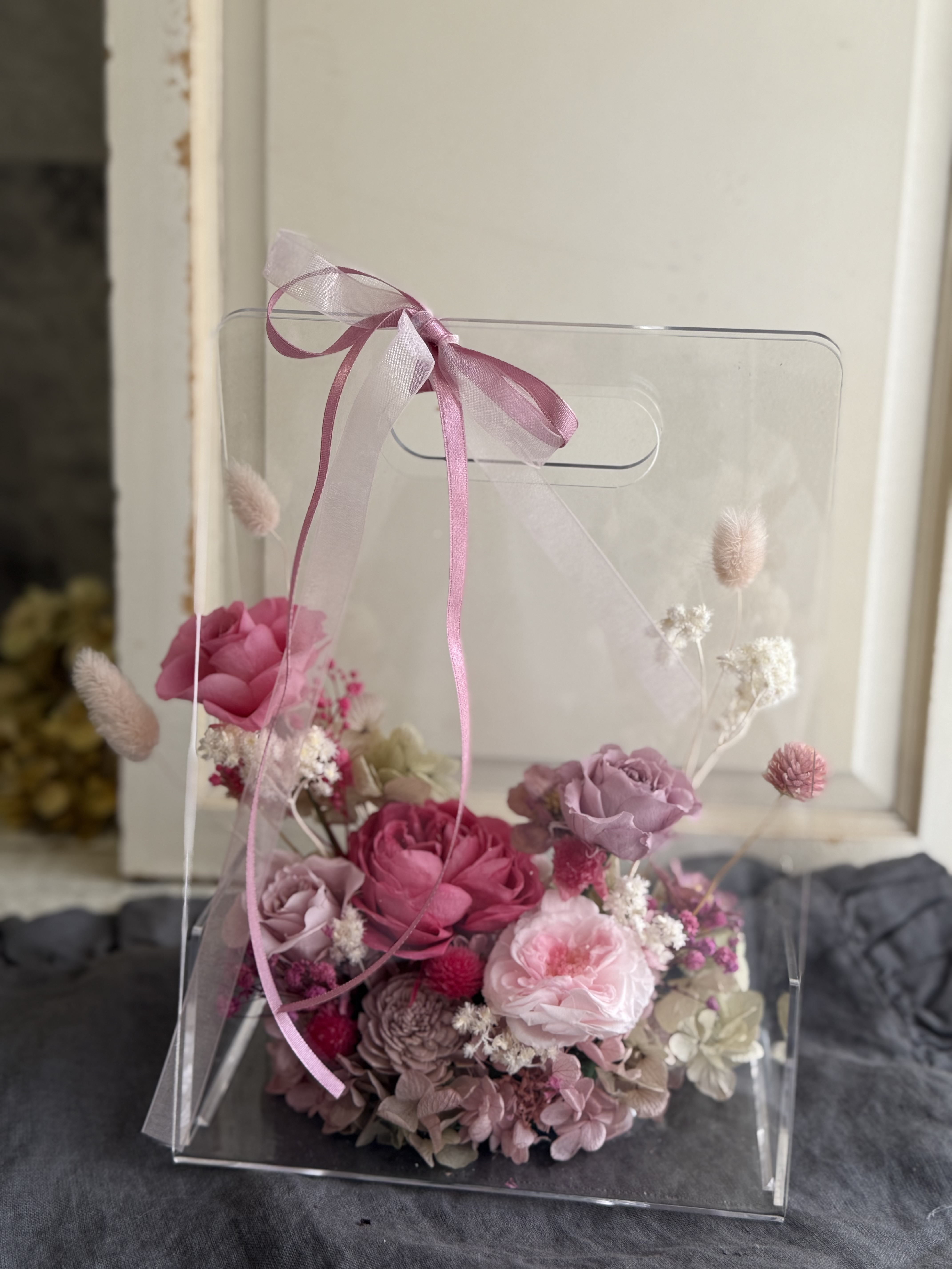 クリアフラワーバッグ　プリザーブドフラワー　贈り物　インテリア　枯れない花　可愛い　贈り物　誕生日　結婚祝い　新築祝い