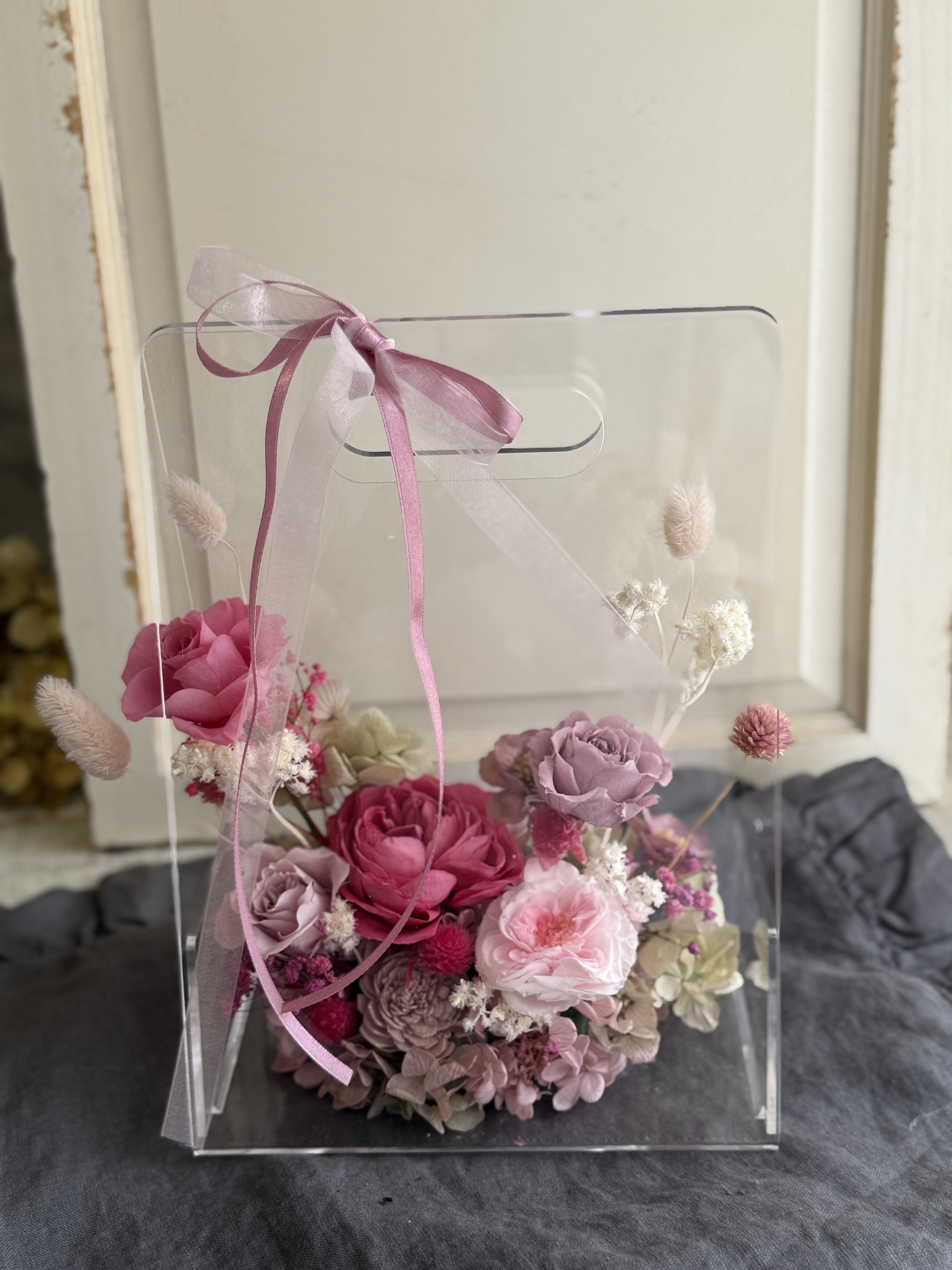 クリアフラワーバッグ　プリザーブドフラワー　贈り物　インテリア　枯れない花　可愛い　贈り物　誕生日　結婚祝い　新築祝い