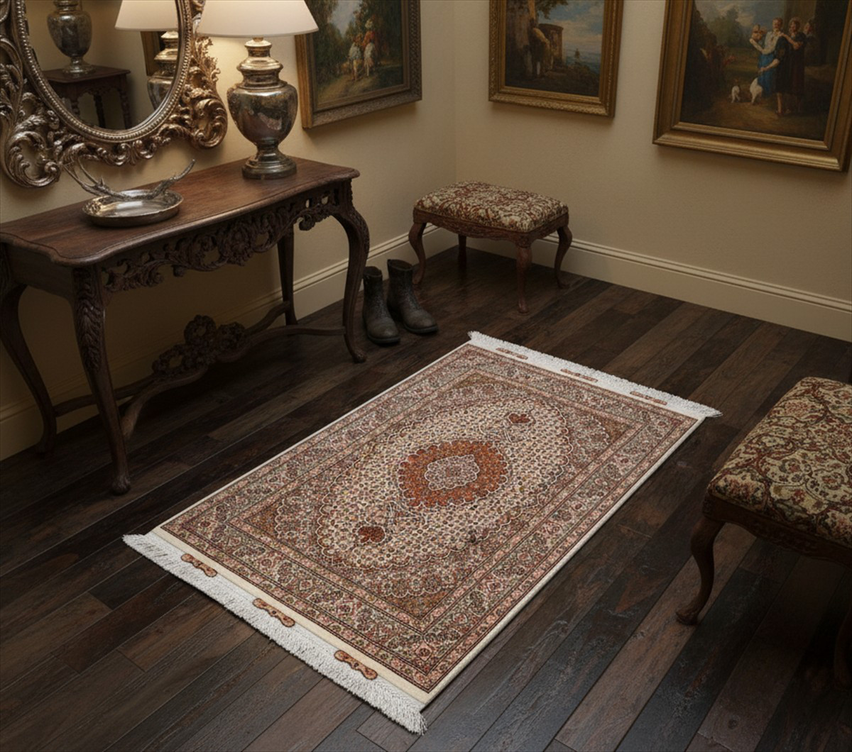 2/10迄目玉】ペルシャ絨毯タブリーズ産 マヒデザイン 50RAJ　ウール&シルク　127x83cm NT14174