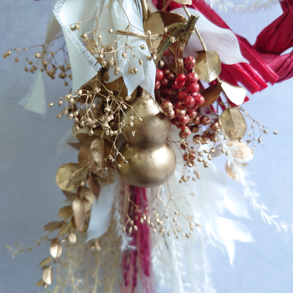 new!!赤丸縄飾【赤米・瓢箪・富士ベース】ドライ＆プリザーブドフラワーお正月飾り2026仕様 6枚目の画像