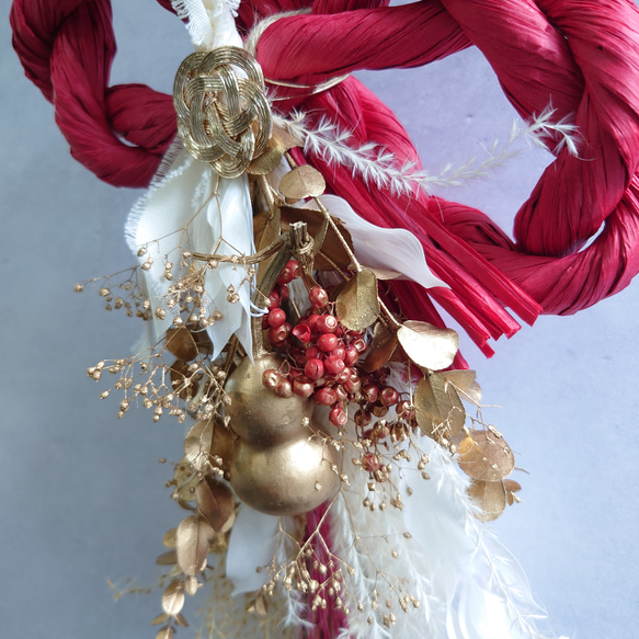 new!!赤丸縄飾【赤米・瓢箪・富士ベース】ドライ＆プリザーブドフラワーお正月飾り2026仕様 5枚目の画像