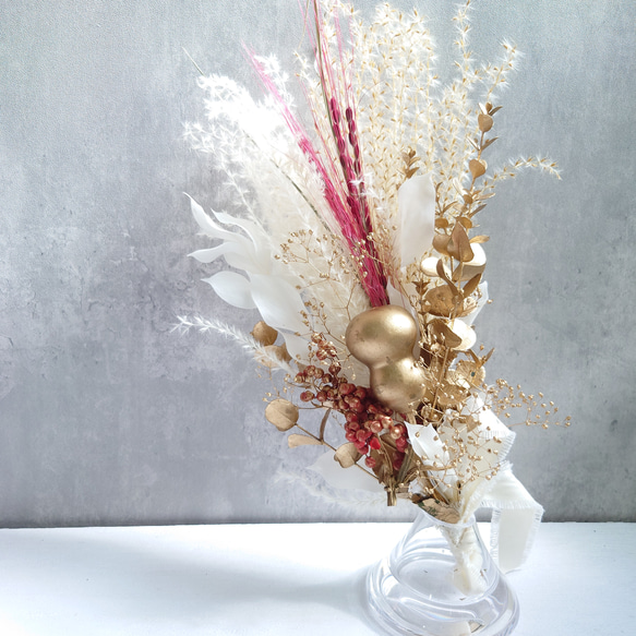 new!!赤丸縄飾【赤米・瓢箪・富士ベース】ドライ＆プリザーブドフラワーお正月飾り2026仕様 10枚目の画像