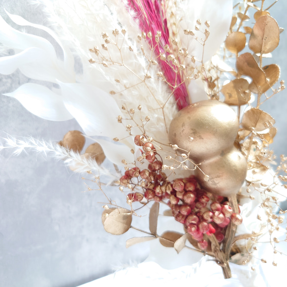 new!!赤丸縄飾【赤米・瓢箪・富士ベース】ドライ＆プリザーブドフラワーお正月飾り2026仕様 9枚目の画像