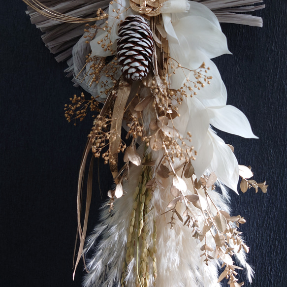 new!!鼠色縄飾【パンパス・トウヒ・富士ベース】ドライ＆プリザーブドフラワーお正月飾り2026仕様 6枚目の画像