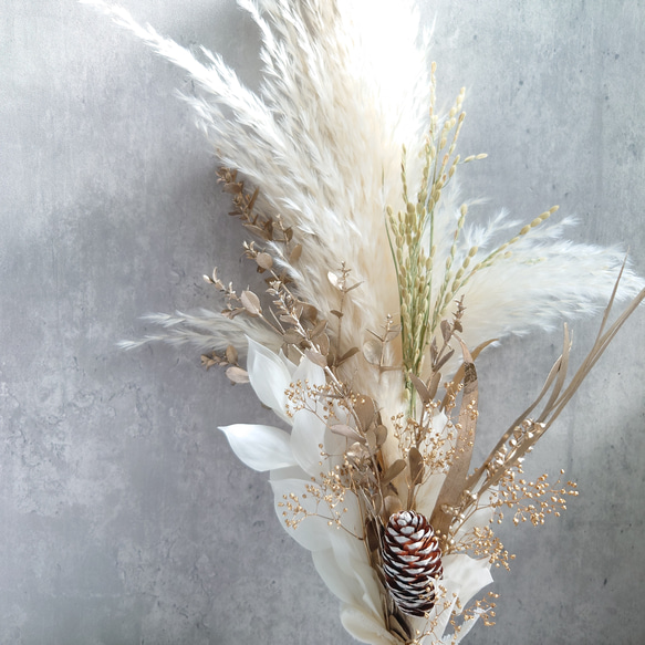 new!!鼠色縄飾【パンパス・トウヒ・富士ベース】ドライ＆プリザーブドフラワーお正月飾り2026仕様 10枚目の画像
