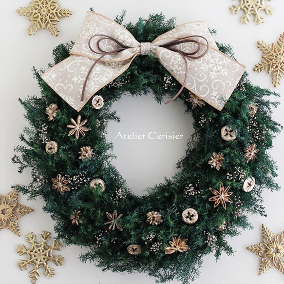 ・クリスマス リース ＜プリザーブドフラワー＞ ヒムロスギ プラチナ 29㎝ 1枚目の画像