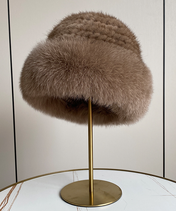 新品 上質ミンクと上品なフォックスの編込みハット 浅い茶 ギフトプレゼント