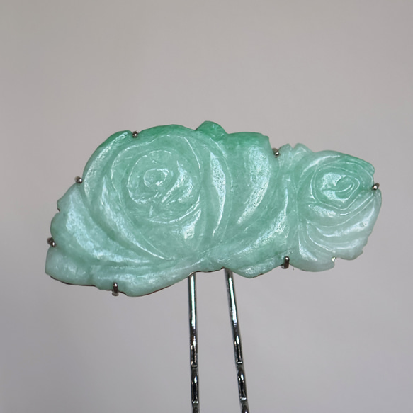 翡翠薔薇彫刻の簪/髪飾り(翡翠6cm×3cm) 着物 雀庭 すずめてい