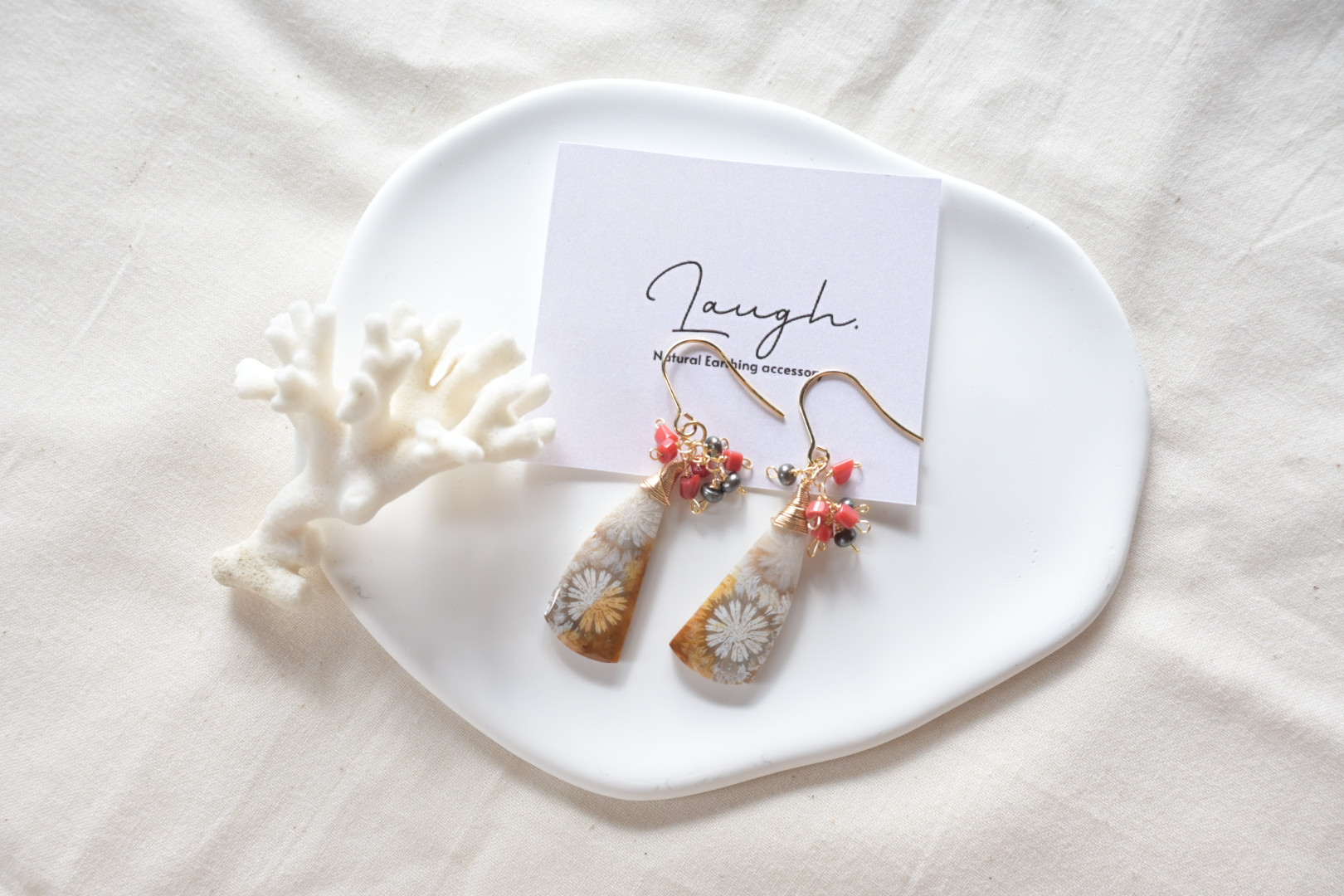 フォッシルコーラル　sea jewelry ピアス/イヤリング　珊瑚　大きめピアス