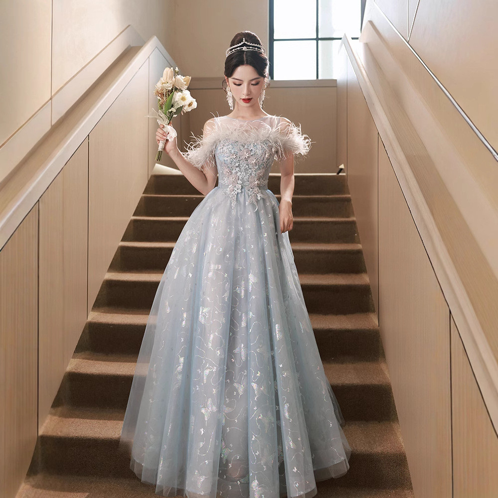 薄青 ピンク オフショルダー ロング カラードレス 高級感 韓国風 ウェディング パーティー 演奏会 二次会 AK234